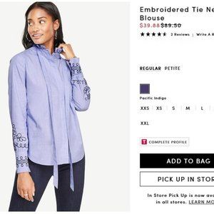 Ann Taylor Embroidered Tie Neck S